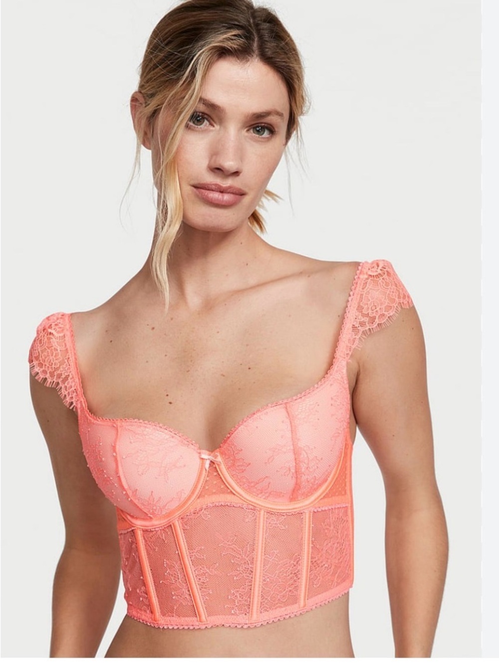 VICTORIA'S SECRET Dream Angels Corset Bra top Floral Lace Coral Peach Large